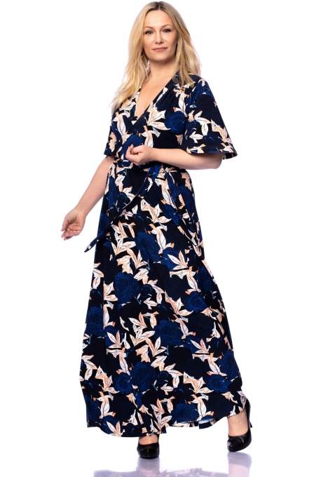 MAREN Maxi Wickelkleid mit Schmetterlingsärmel (Aquarell-Pfingstrosen elegant)