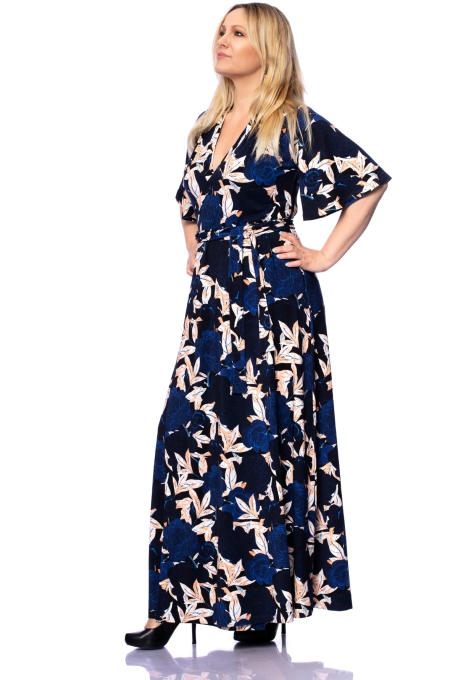 MAREN Maxi Wickelkleid mit Schmetterlingsärmel (Aquarell-Pfingstrosen elegant)