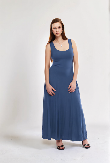 Preview: AMELIA zeitloses Wendekleid mit Taillenschnürung in Maxi Länge (jeans) oder nach Farbwunsch