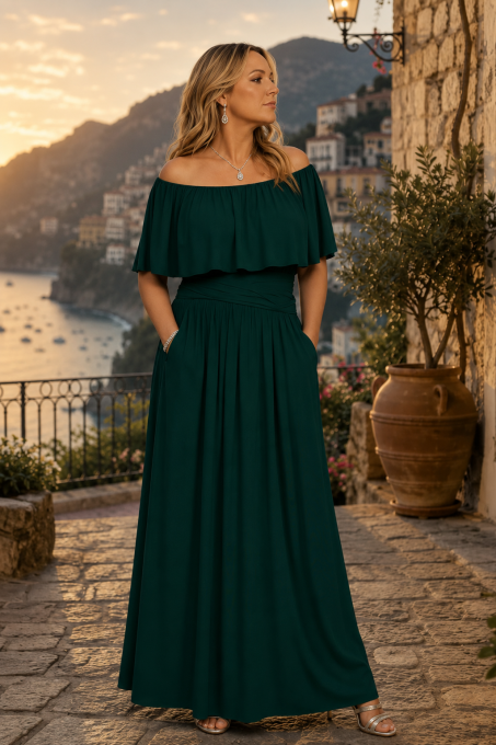 Preview: Maxikleid Eliana mit schulterfreiem Ausschnitt (Uni Grüntöne)