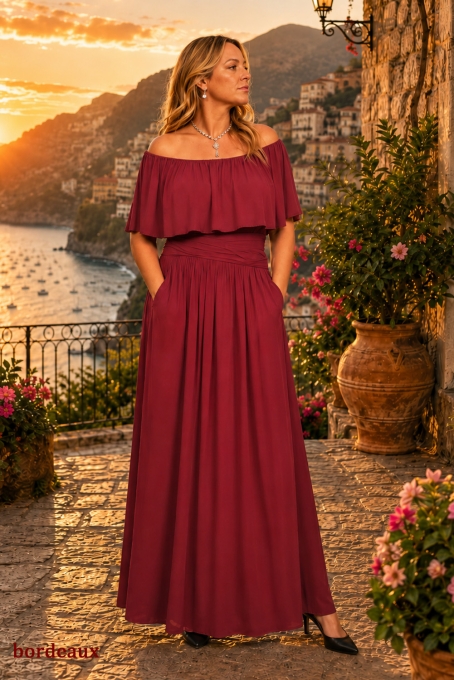 Preview: Eliana maxi dress with off-the-shoulder neckline (solid red tones)