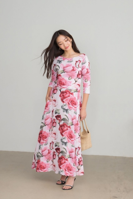 AMELIA zeitloses Maxi-Wendekleid mit Taillenschnürung 3/4 Arm (Baronne Rose)