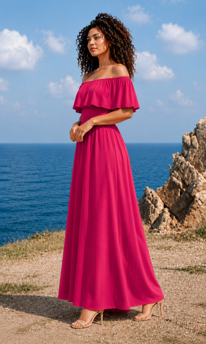 Eliana maxi dress with off-the-shoulder neckline (solid red tones)