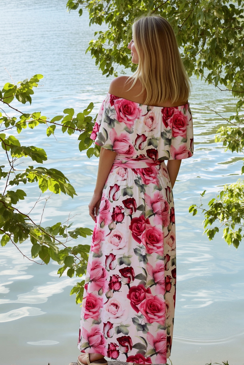 Eliana Maxikleid mit Carmen-Ausschnitt (Baronne Rose)