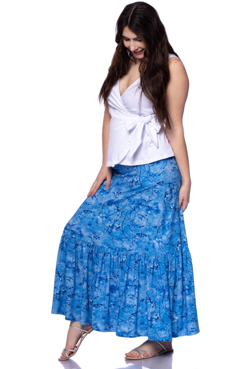 ANISHA Maxirock mit Rüschensaum aus Bambus-Viskose (Schmetterlinge auf Blau)